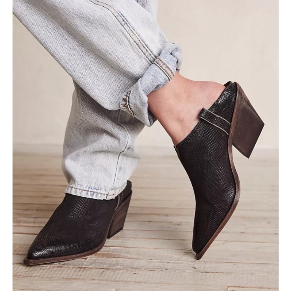 Free People Black Textured Leather Pointed Ankle Booties
